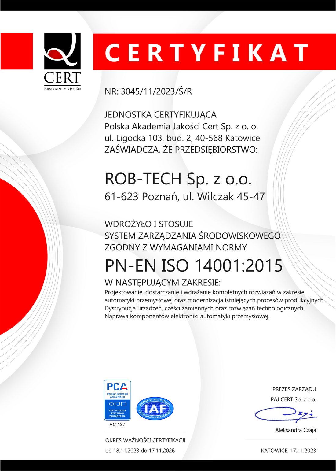 Certyfikat PN-EN ISO 14001:2015 wydany dla rob-tech sp. z o.o.
